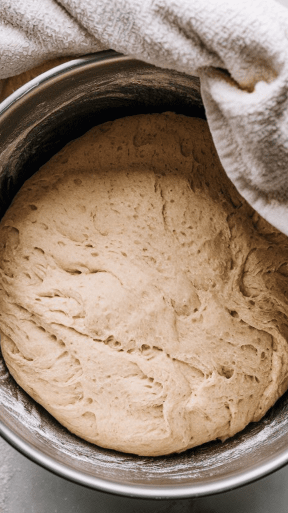 a large mixing bowl covered with a kitchen towel, slightly puffed up from the rising dough inside