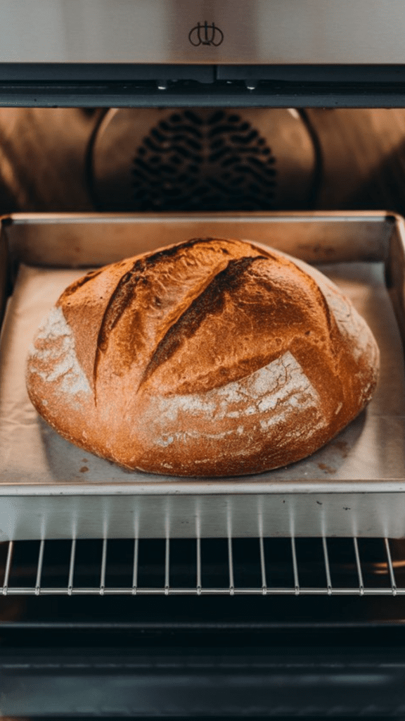 A freshly baked loaf of bread on a baking sheet inside a modern stainless steel oven, turning golden brown