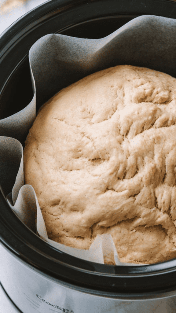 A crockpot lined with parchment paper, with soft, risen dough placed inside