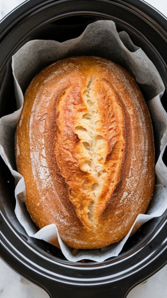 An overhead view of a crockpot with a golden brown loaf of bread inside on parchment paper