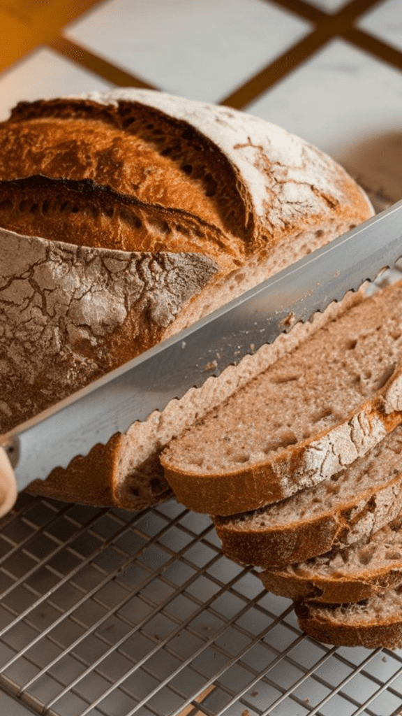 a rustic loaf of bread resting on a cooling rack, its golden crust contrasting with the soft