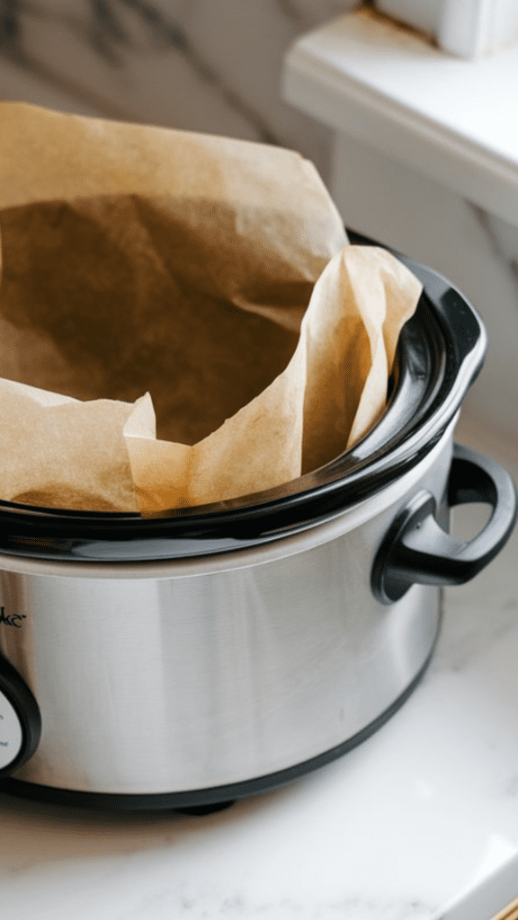 A slow cooker lined with parchment paper, sitting on a white marble counter with hints of gold