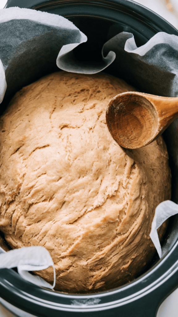 Thick beer bread dough in a parchment-lined slow cooker, smoothed out with a wooden spoon