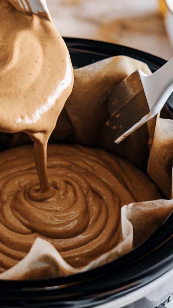 Banana bread batter being poured into a parchment-lined crockpot, smoothed out evenly with a spatula