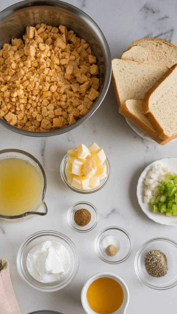 Crumbled cornbread in a large mixing bowl, torn white bread, a small bowl of finely chopped onion and celery