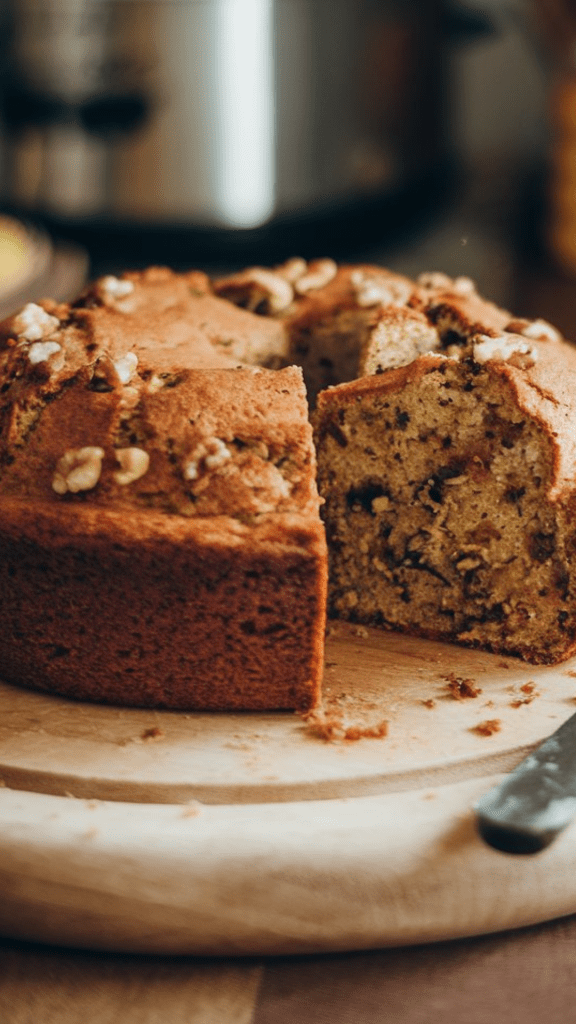 A loaf of zucchini bread, freshly lifted from the crockpot, cooling on a wooden cutting board