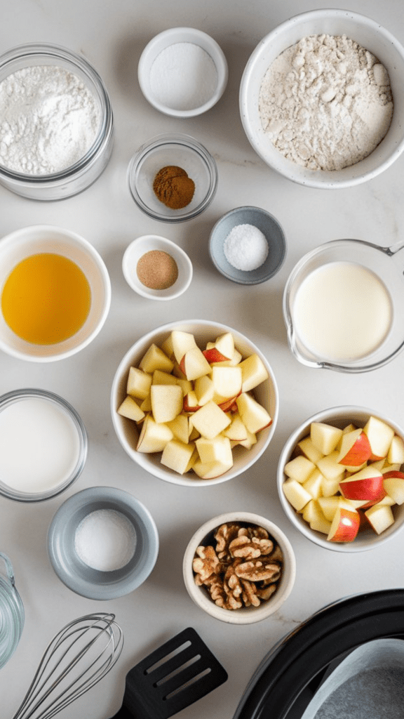 All ingredients for crockpot apple cinnamon bread neatly arranged on a white marble countertop with hints of gold