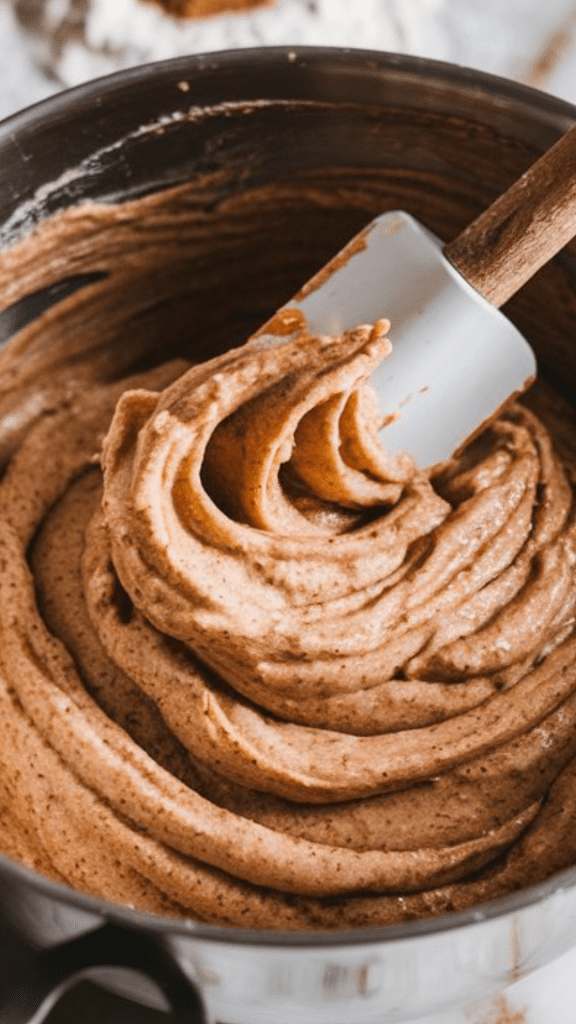 A mixing bowl with thick apple cinnamon bread batter being stirred with a spatula