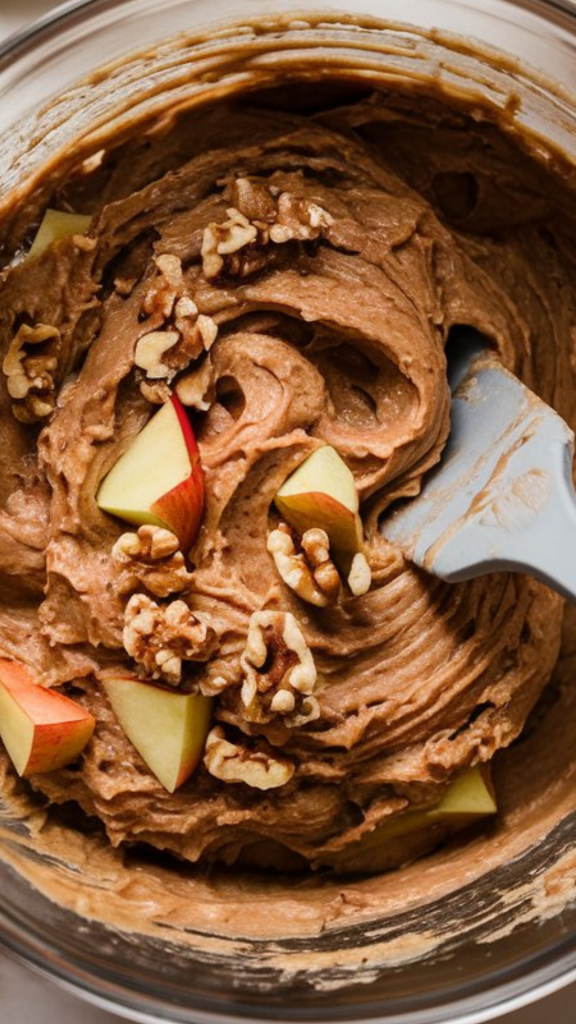 A mixing bowl filled with apple cinnamon bread batter, with diced apples and walnuts being folded in with a spatula