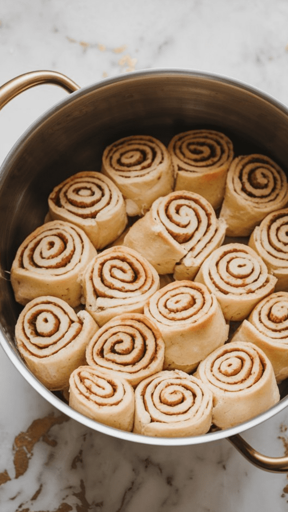 a large mixing bowl filled with quartered cinnamon roll pieces, showing their soft, doughy texture