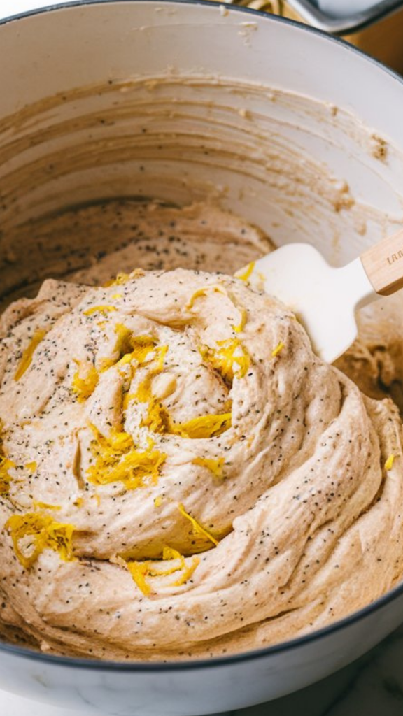 A large white mixing bowl with the combined wet and dry ingredients being folded together with a spatula