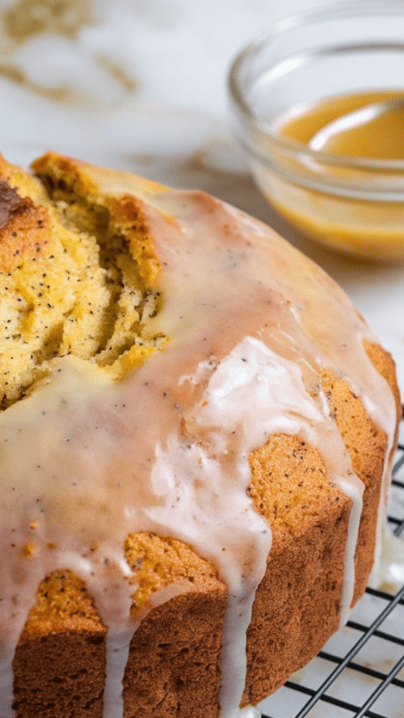 A freshly baked lemon poppy seed bread resting on a cooling rack, golden and slightly domed