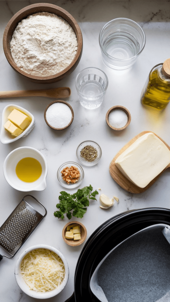 All-purpose flour in a wooden bowl, a packet of active dry yeast, a glass of warm water, a small bowl of sugar, salt in a dish