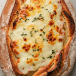 A loaf of cheesy garlic bread on a baking sheet in the oven, cheese bubbling and golden