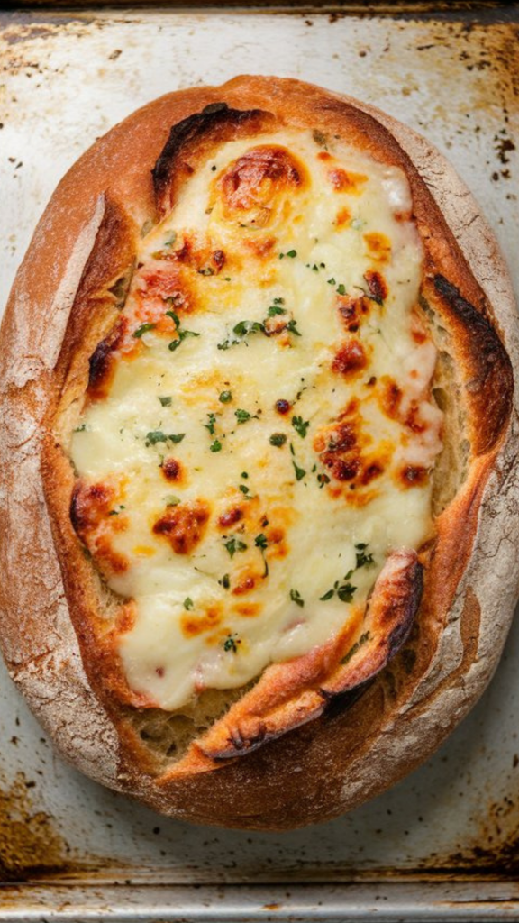 A loaf of cheesy garlic bread on a baking sheet in the oven, cheese bubbling and golden