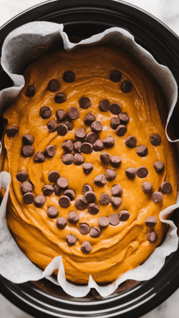 A slow cooker lined with parchment paper with thick pumpkin bread batter spread evenly inside