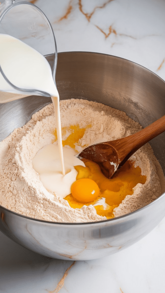 A large mixing bowl with flour mixture as warm milk, melted butter, and a beaten egg are being poured in