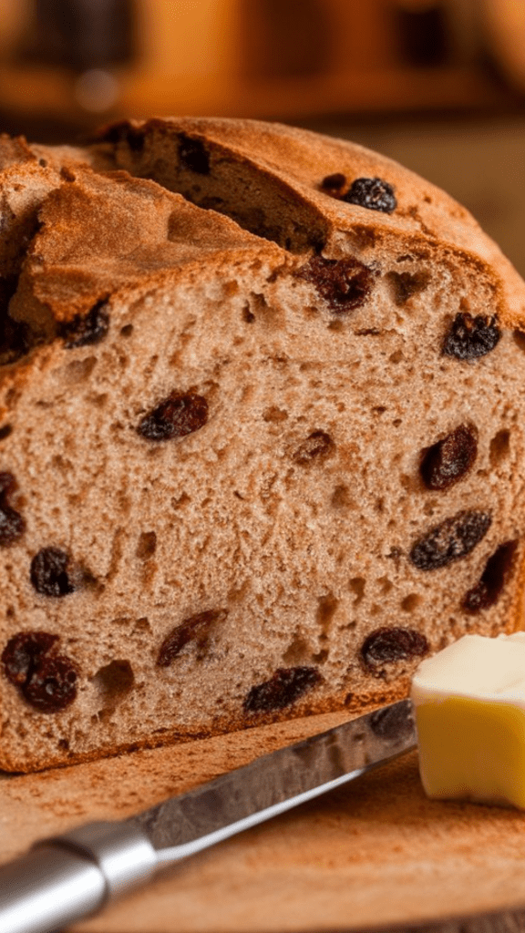 A fresh loaf of cinnamon raisin bread sits on a wooden cutting board