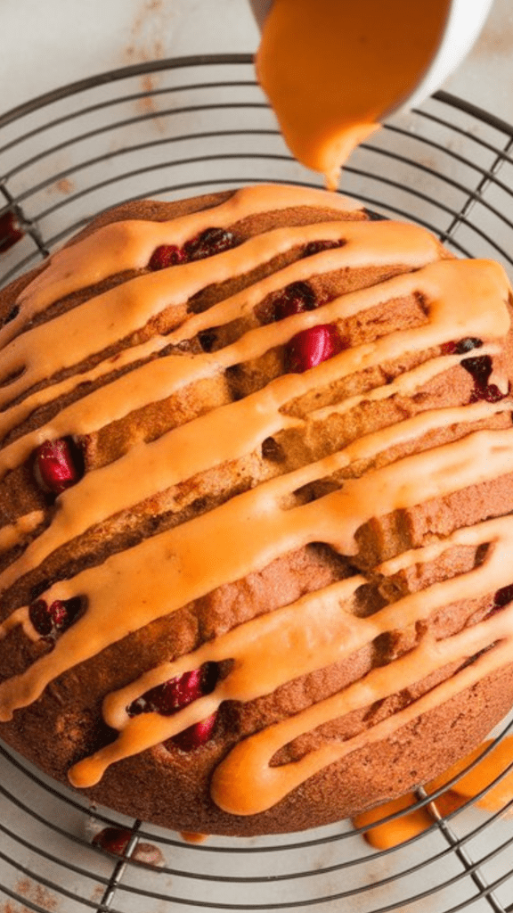 A freshly baked loaf of cranberry orange bread being drizzled with orange glaze