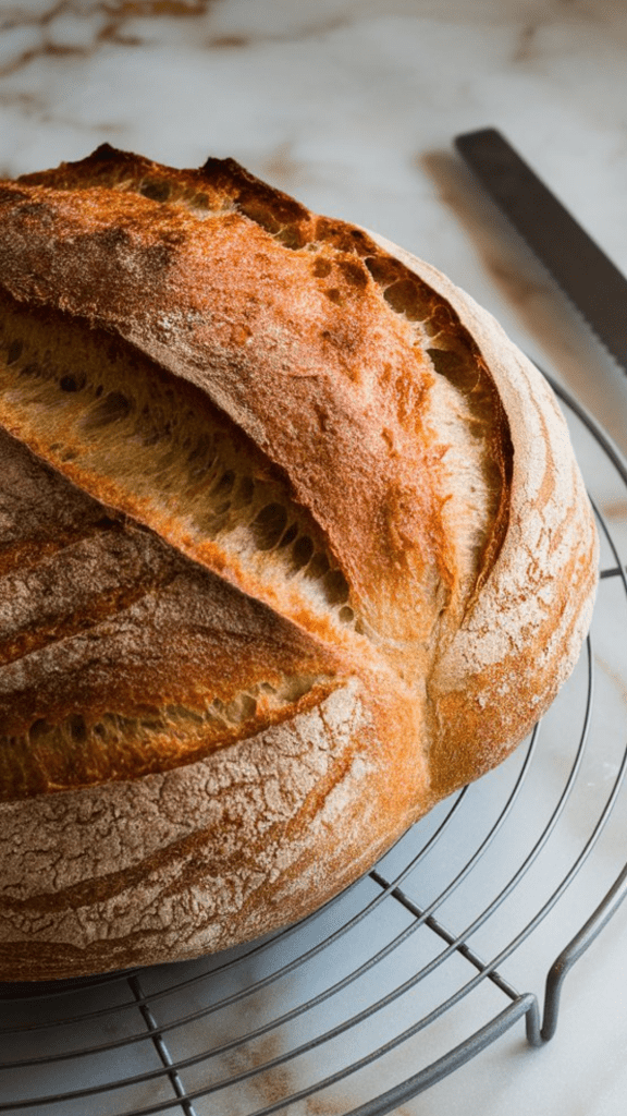 A freshly baked sourdough loaf resting on a wire cooling rack, golden and crispy