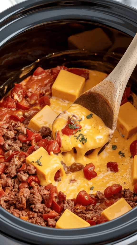 A bubbling crockpot filled with creamy, melted Velveeta queso dip, with a wooden spoon stirring the mixture