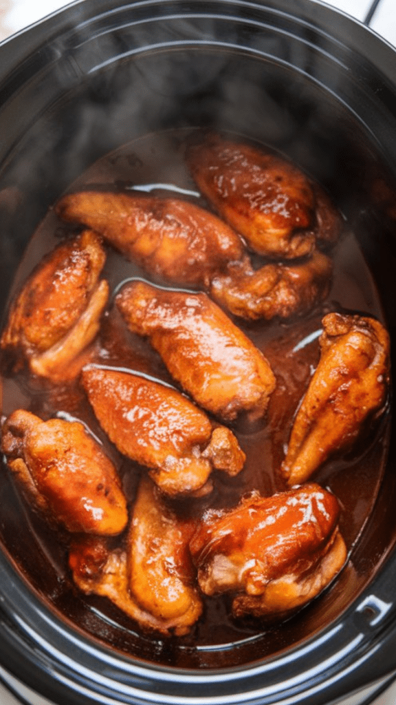 A slow cooker with its lid closed, filled with honey BBQ chicken wings simmering in sauce