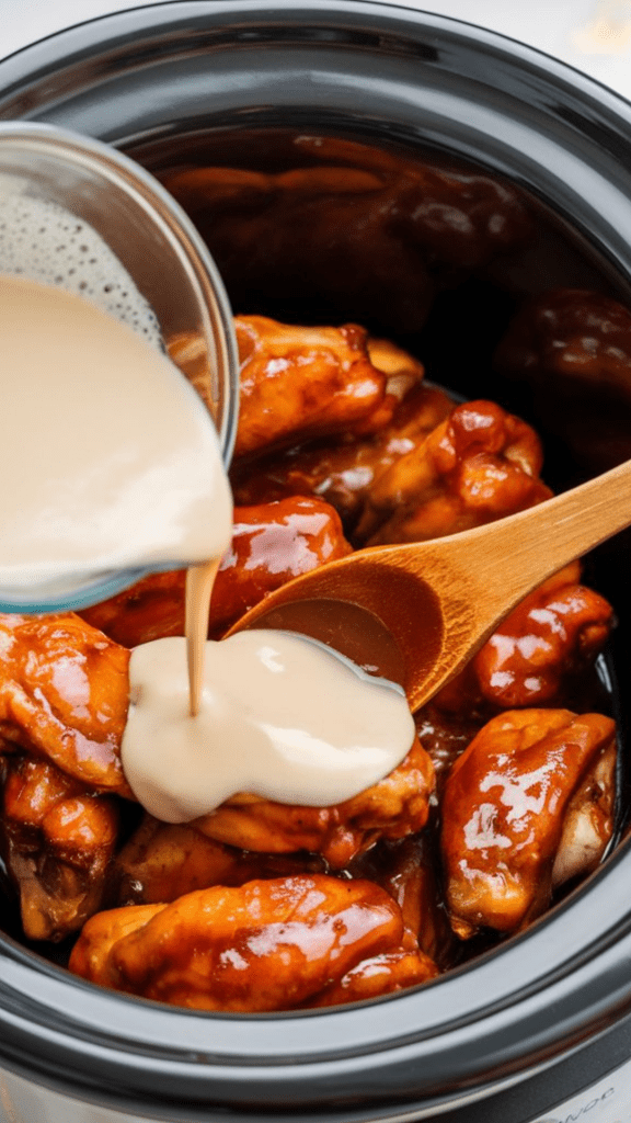 A small bowl with a milky white cornstarch slurry being poured into the slow cooker filled with honey BBQ chicken wings