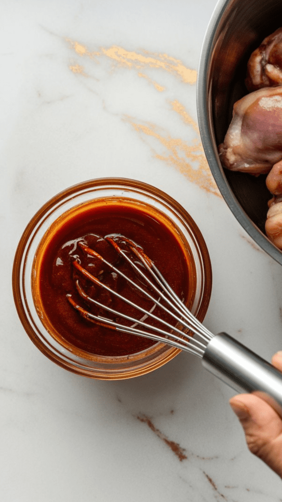 A small bowl filled with a rich, glossy honey BBQ sauce mixture (BBQ sauce, honey, soy sauce, apple cider vinegar, and chili powder) being whisked together