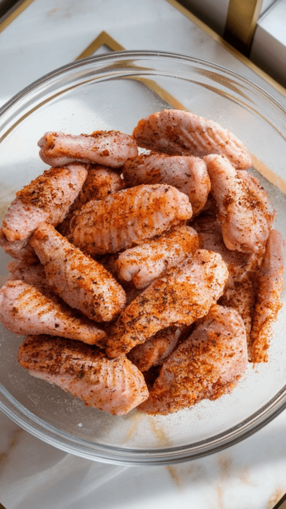 A large glass bowl filled with raw chicken wings, seasoned with salt, black pepper, paprika, onion powder, dried oregano, and red pepper flakes