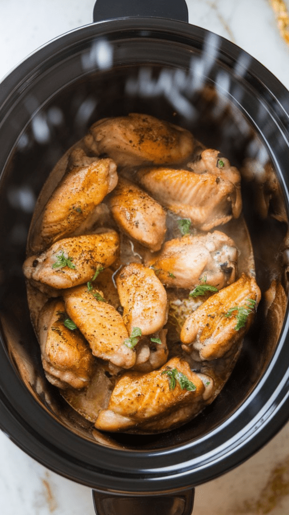 Slow cooker filled with seasoned chicken wings cooking on low