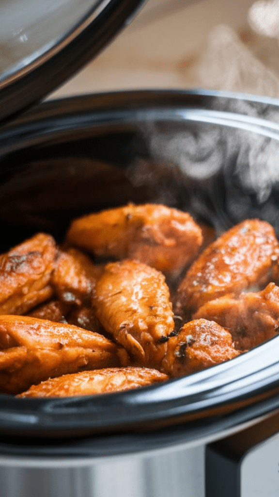 A slow cooker with the lid on, steam slightly visible as the teriyaki chicken wings cook inside