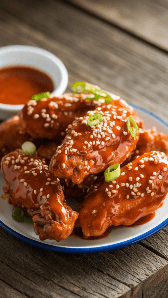 a plate of sweet chili chicken wings, garnished with sesame seeds and green onions