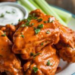 A person using tongs to place freshly broiled buffalo ranch chicken wings into a serving dish