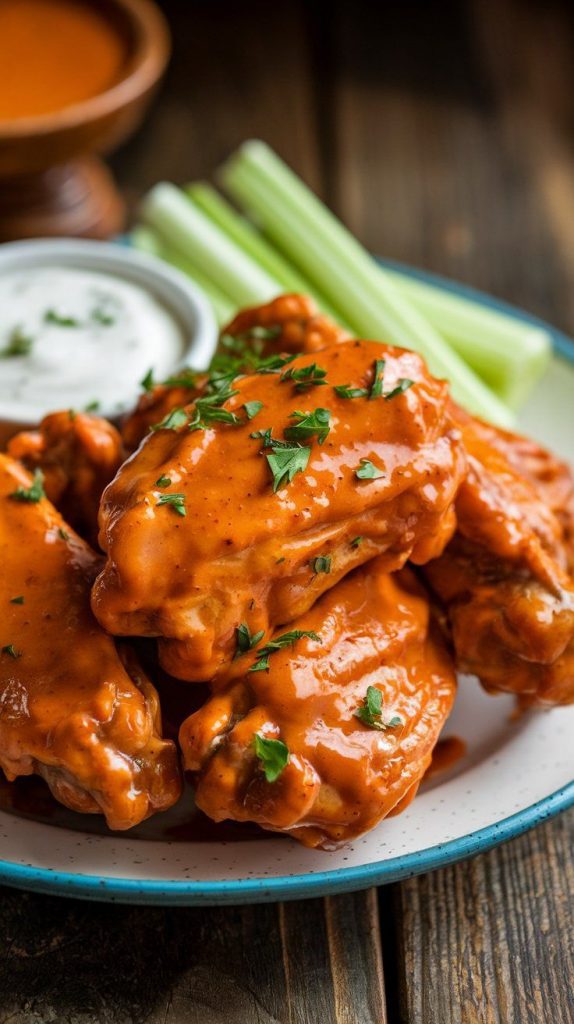 A person using tongs to place freshly broiled buffalo ranch chicken wings into a serving dish