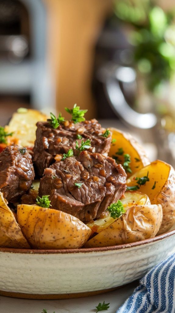 Crockpot Garlic Butter Beef Bites with Potatoes