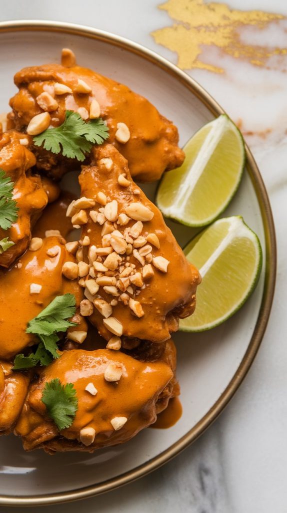 finished Thai peanut chicken wings on a plate, garnished with crushed peanuts and fresh cilantro