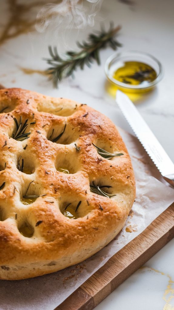 freshly baked focaccia bread resting on a wooden cutting board