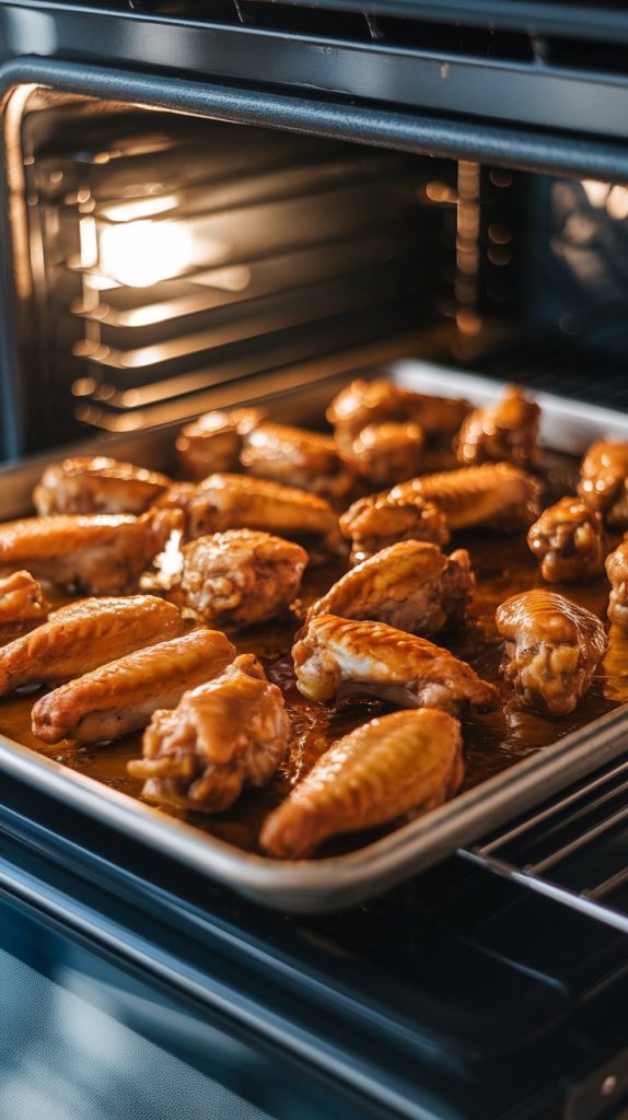 A baking sheet of honey mustard chicken wings under the broiler, slightly crisping at the edges