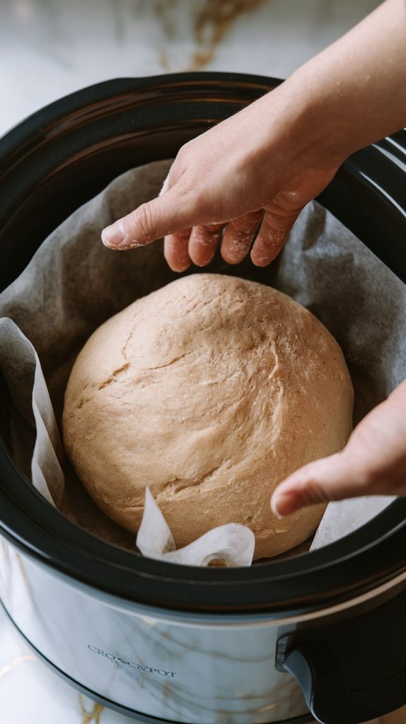 A ball of soft, rustic bread dough resting on parchment paper inside a crockpot