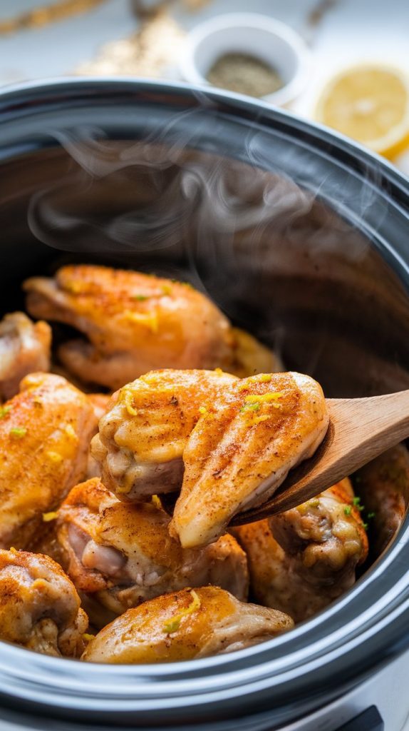 a slow cooker filled with seasoned chicken wings, lid slightly ajar with steam visible