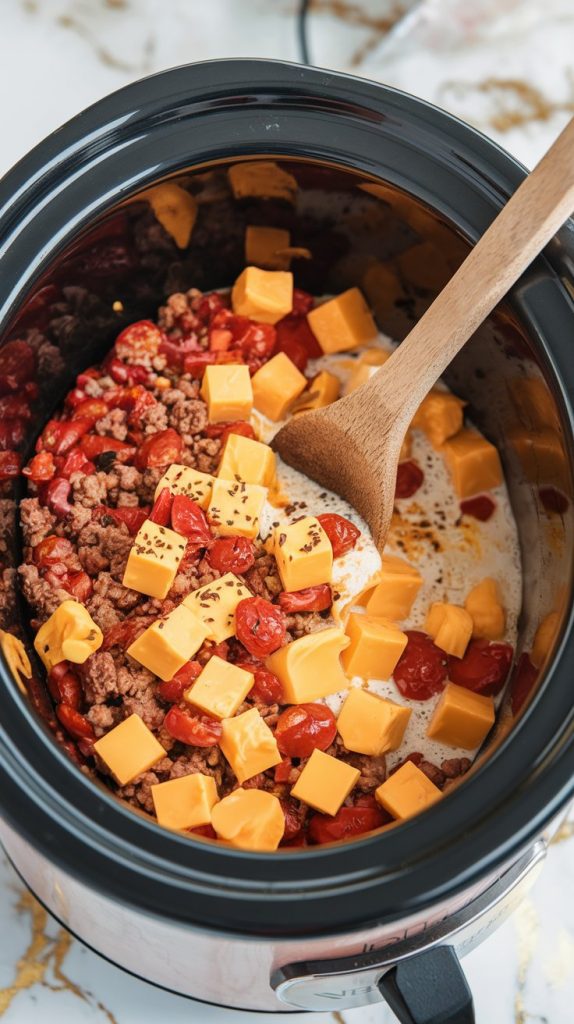 A crockpot filled with cubed Velveeta cheese, cooked ground beef, Rotel tomatoes, milk, and seasonings