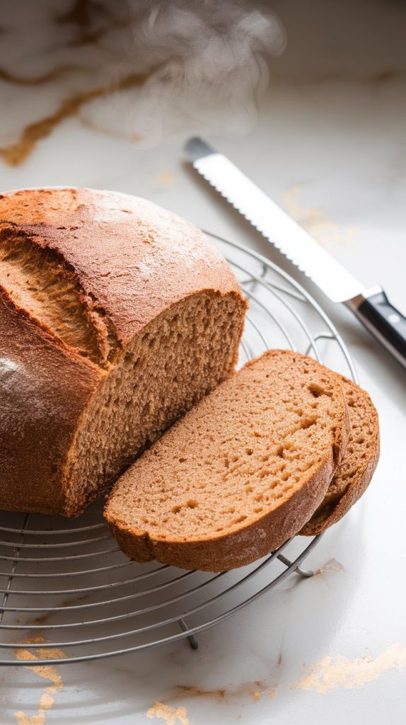 A freshly baked whole wheat honey bread loaf cooling on a wire rack, steam slightly rising