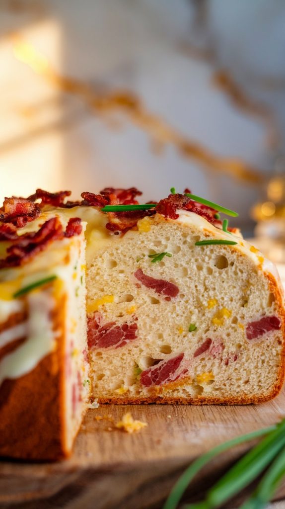 a sliced piece of slow cooker bacon and cheese bread with melted cheese and crispy bacon bits