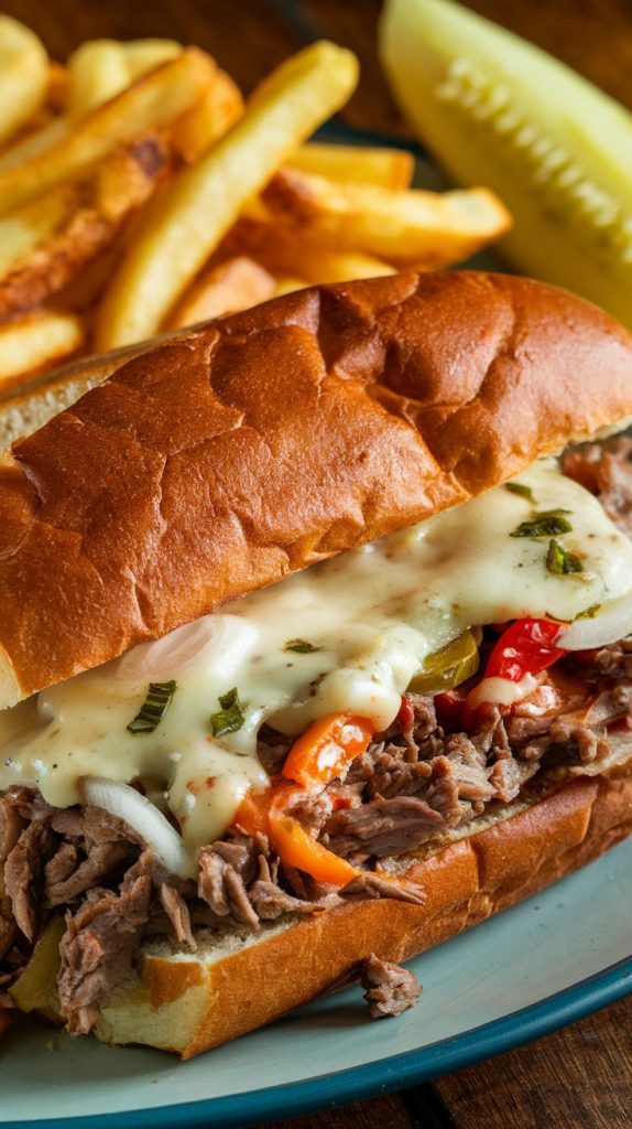 A fully assembled Slow Cooker Philly Cheesesteak Sandwich on a plate with crispy fries and a pickle