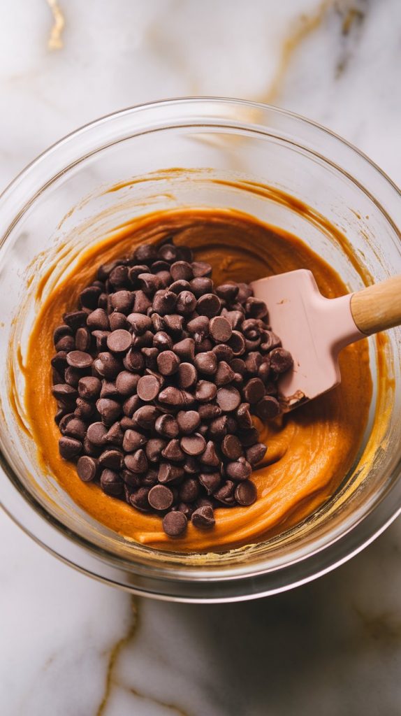 a glass bowl with pumpkin bread batter and chocolate chips being gently folded in with a spatula