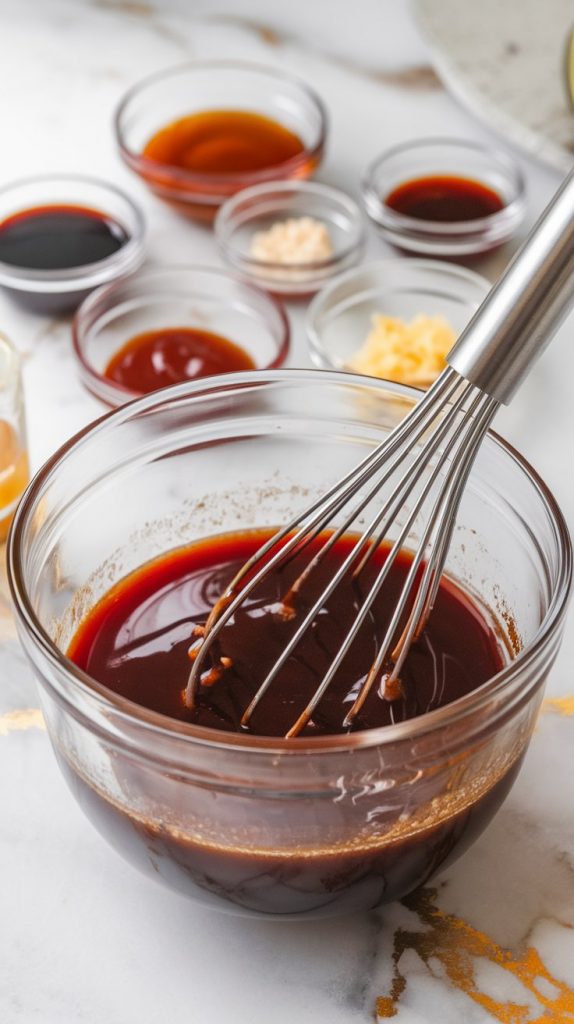 A glass mixing bowl filled with Coca-Cola sauce mixture, being whisked with a stainless steel whisk