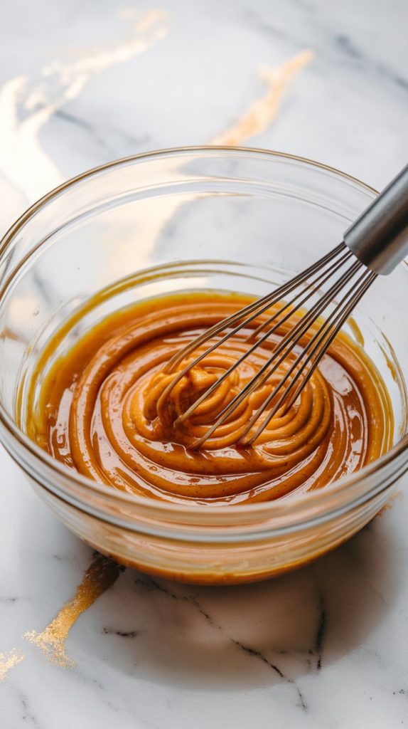 A glass mixing bowl with honey, Dijon mustard, yellow mustard, soy sauce, apple cider vinegar, and seasonings being whisked together until smooth