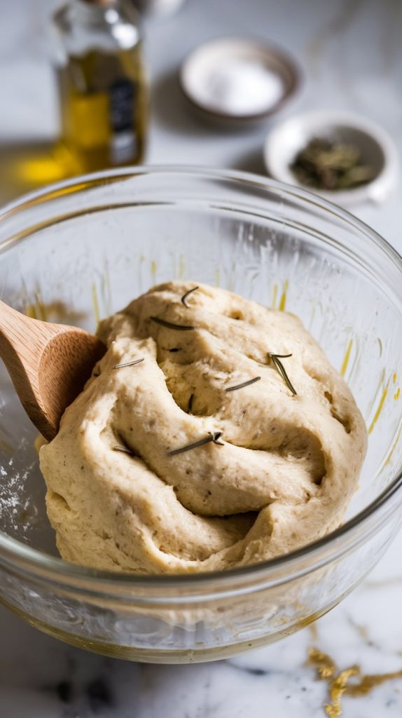 a glass mixing bowl with sticky focaccia dough, which is a soft, slightly yellowish off-white color