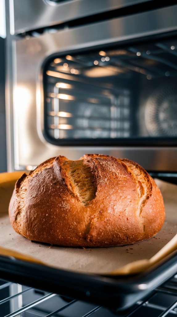 A golden-brown loaf of gluten-free bread on a baking sheet in a modern stainless steel double oven