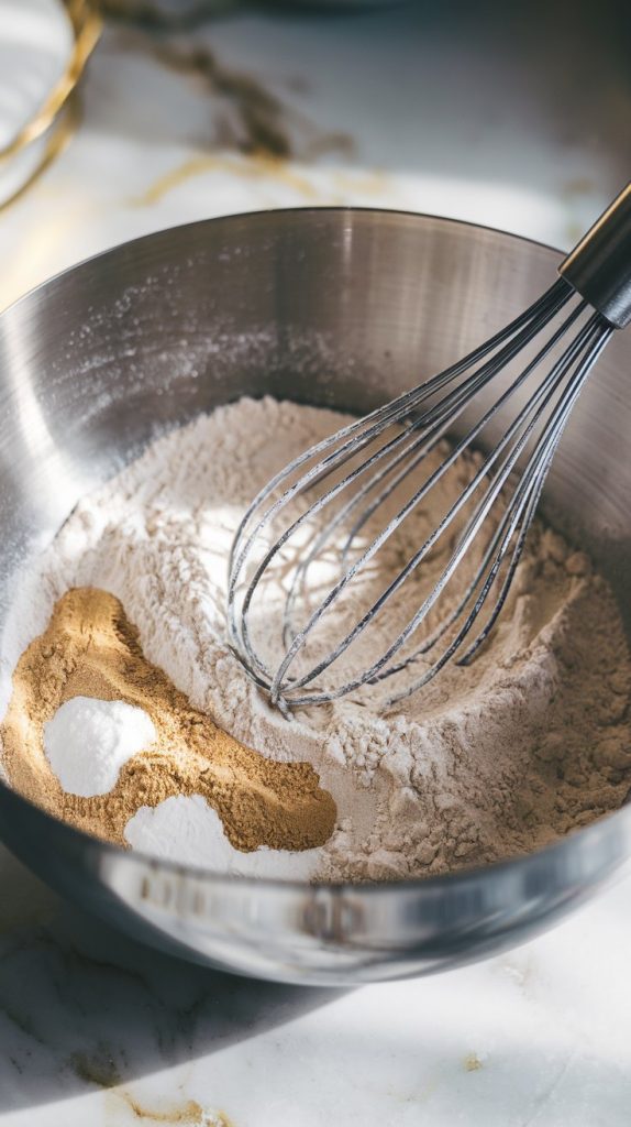 a large bowl with all-purpose flour, sugar, baking powder, garlic powder, and salt